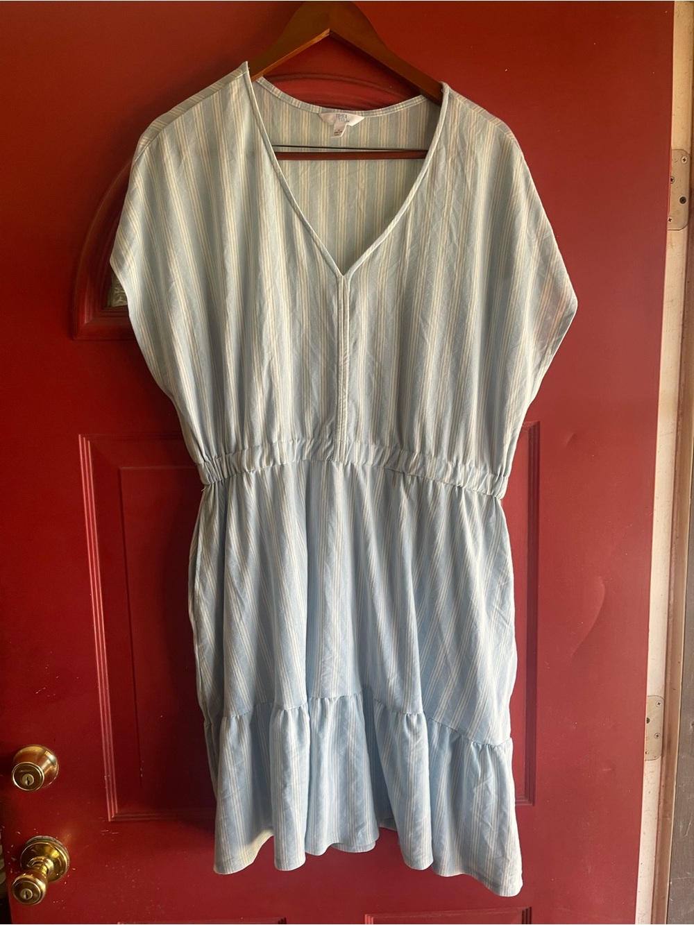 Light Blue Striped V-Neck Women’s Dress with pockets